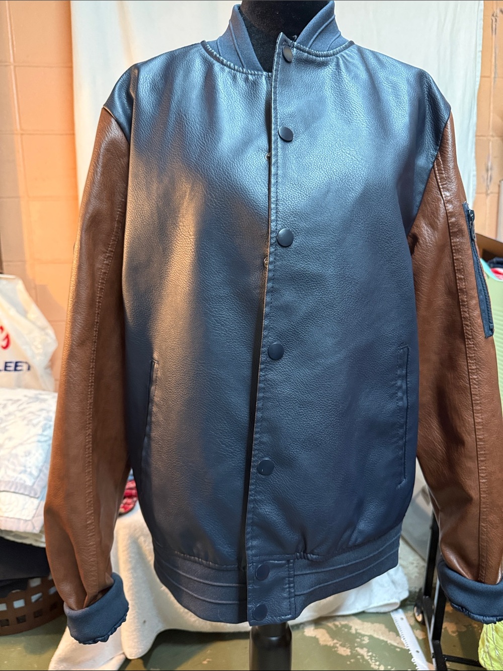 Two-Tone Leather Bomber Jacket - Navy Body with Brown Sleeves